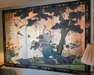 Large Asian Folding Screen Wall Art Crane Panel Gold Leaf 6 Panel