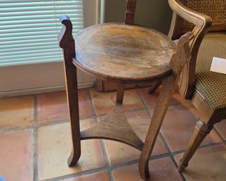 Antique Oak Plant Stand Round Side Table Triangular Shelf Arts & Crafts