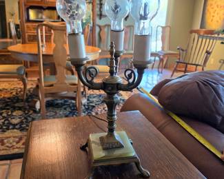 Vintage 3 Light Candelabra Lamp Brass Onyx Base Floral Bulbs 1940s