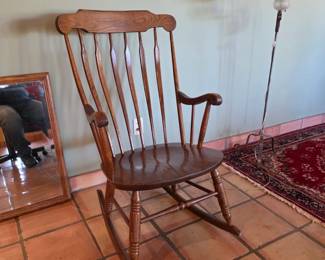 Vintage Windsor Fan Back Rocking Chair Oak Colonial Arm Rocker