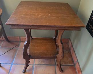 Antique Oak Side Table Parlor Lamp Table Beaded Shelf Victorian Style