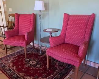 Pair Traditional Wingback Chairs Red Upholstery Accent Armchairs Brass Feet