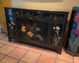 Vintage Black Lacquer Asian Sideboard Hand Painted Floral Bird Credenza