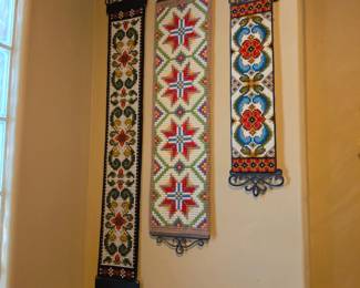 Vintage Needlepoint Wall Hangings Set of 3 in Frames Folk Art