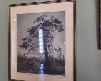 Vintage Norwegian Signed Etching Pine Tree Landscape Original Scandinavian Print