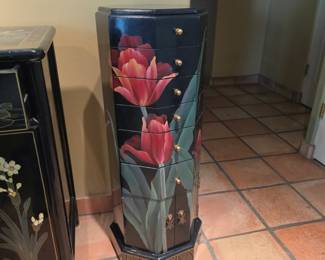 Tall Hand Painted Black Lacquer Jewelry Armoire Floral Accent Cabinet