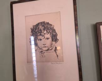 Vintage Norwegian Signed Etching Child Portrait “Curly” Original Drypoint Print Framed