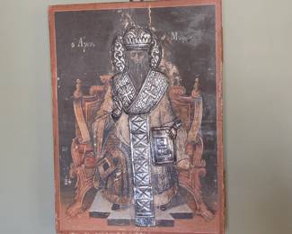 Orthodox Saint Myron Icon on Wood Greek Style Relief Metal Overlay