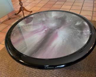 Milton Joseph Signed 1992 Oval Coffee Table Black Glass Top Abstract Art