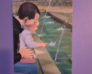 A contemporary figurative oil/acrylic painting of an adult and child at a fountain Signed Lucy Flaaten