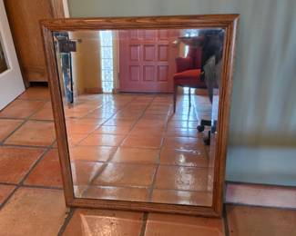 Vintage Oak Framed Wall Mirror Rectangular Farmhouse / Traditional