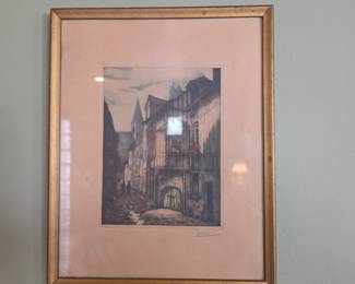Vintage Signed European Street Scene Etching in Gold Frame