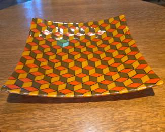 studio fused glass platter The cube is a classic intentional visual interruption used in contemporary art-glass design.