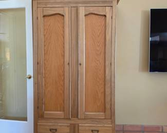 Vintage Oak Armoire Wardrobe Cabinet Two Door Linen Closet with Drawers