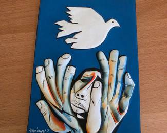 Signed Symbolic Folk Art Tile Painting Dove and Hands Dated 2014