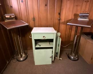 Old metal physician's cabinet & funeral home podiums