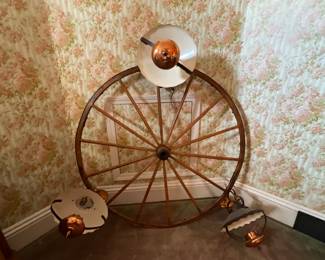Fantastic wagon wheel ceiling fixture with copper lights
