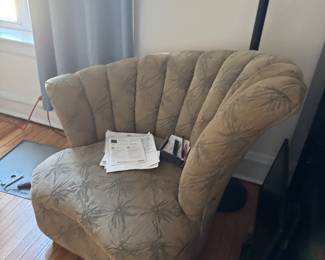 Art Deco Hollywood Regency Style Upholstered Accent Lounge Chair Beige Fabric