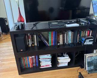 Contemporary Open-Back Media Console with Black Finish and Storage Shelves