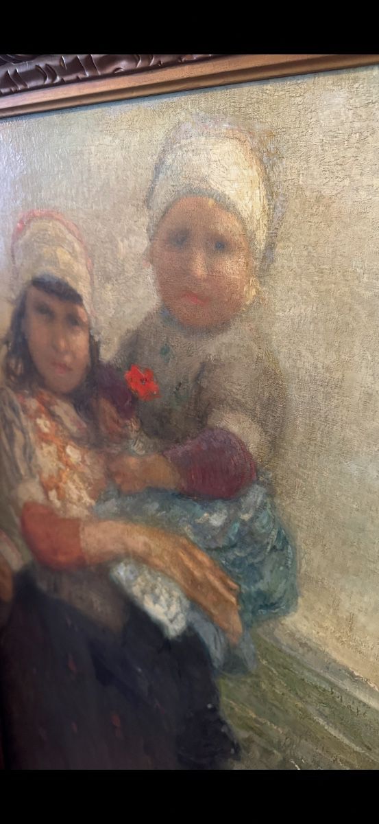 Original Frantz Charlet (1862-1928) Oil Painting - Belgian Impressionist - Dutch Children in Volendam