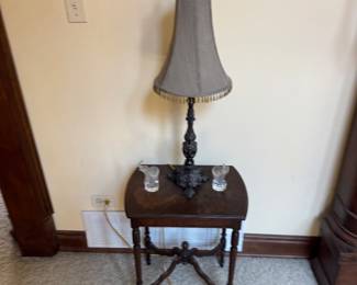 Victorian-Style Accent Table with Ornate Table Lamp and Glass Candle Holders