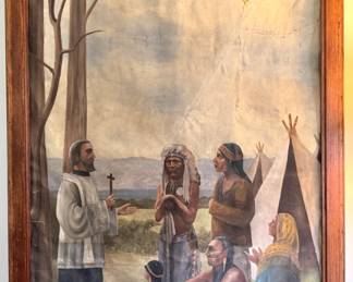 $9500 - Monumental Early 20th Century Oil Painting – Missionary Scene (59w x 101h)