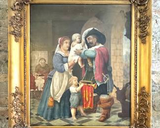 Oil Painting by H. Roeser, European Genre Family Scene, Ornate Gilt Frame c.1900