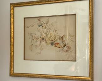 H. F. Roberts Watercolor on Paper — Pale Yellow & Pink Roses