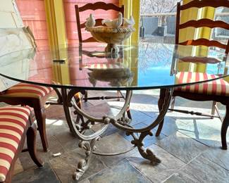 Glass and Painted Iron Round Mediterranean Dining Table