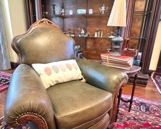Carved Wood and Green Leather Library Armchair with Nailhead Trim