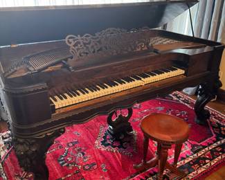 Victorian Style Grand Piano with Intricate Carvings and Original Stand