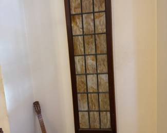 Wooden Framed Stained Glass Window Panel with Amber Glass Design