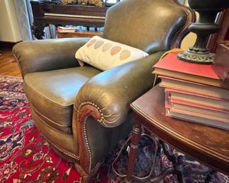 Olive Green Leather Club Chair with Carved Wood Frame and Nailhead Trim