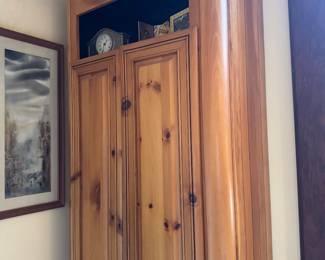 Tall Pine Wood Armoire with Decorative Crown and Carved Details