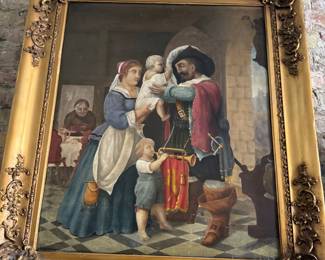 19th Century Oil Painting of Family with Soldier in Ornate Frame
