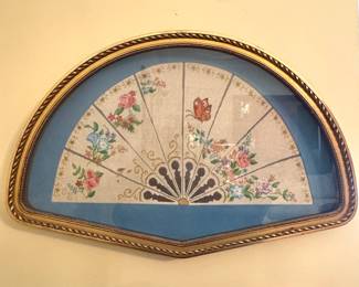 Framed Floral Petit Point Fan with Butterfly in Custom Gilt Frame