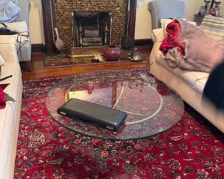 Round Glass Top Coffee Table with Metal Base and Persian Style Area Rug