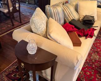 Mahogany Half-Moon Table with Brass Pull and Storage Shelf