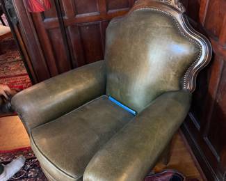 Green Leather Button-Tufted Armchair with Carved Wood Feet