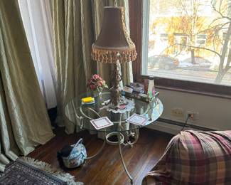 Glass Top Side Table with Ornate Metal Base and Vintage Lamp