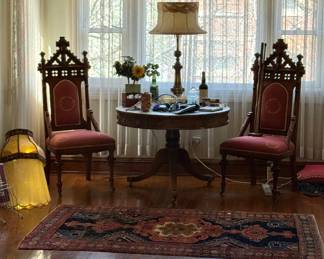 Gothic Revival Carved Walnut Side Chairs & Mahogany Pedestal Drum Table