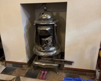 Victorian Cast Iron Parlor Stove with Ornate Silver Finish