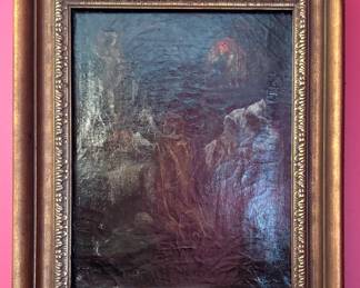 European Impasto Oil on Canvas — Cloaked Figures in Dimly Lit Interior