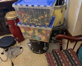 Drum Set with Storage Bins and Upholstered Accent Chair - Legos