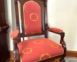 $1000 - Gothic Revival Throne Armchair Carved Walnut High Back Chair Victorian Era