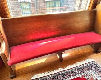 Oak Church Pew with Red Upholstered Seat