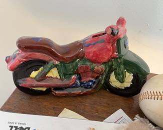 Hand-painted ceramic motorcycle coin bank