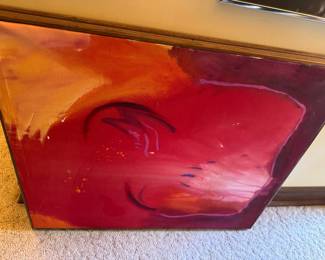 Abstract Expressionist Canvas Painting in Vibrant Red and Orange Hues