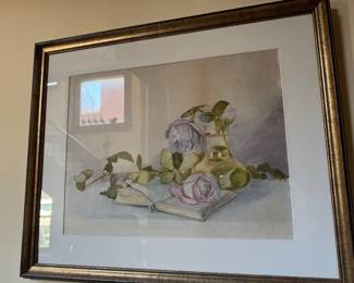 Framed Original Watercolor Still Life - Roses and Book