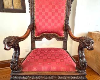 $1800 - Renaissance Revival Carved Walnut Armchair Griffin Armrests Victorian Throne Chair